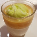 Chilled Mango Cream, Pomelo, Sago And Beancurd Pudding Topped with Lime Sorbet