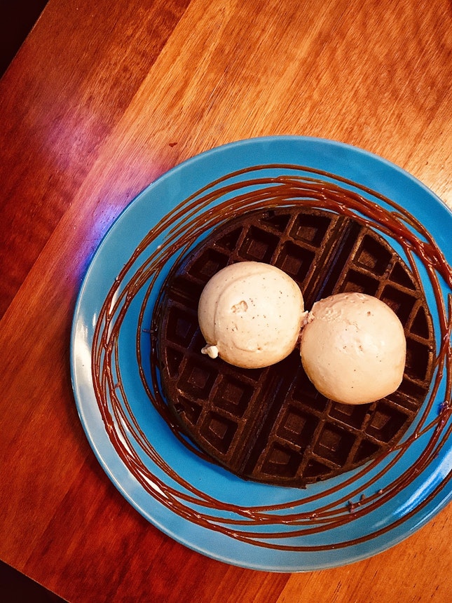Gourmet Charcoal Waffle & Double Scoop & Salted Caramel Sauce ($16)