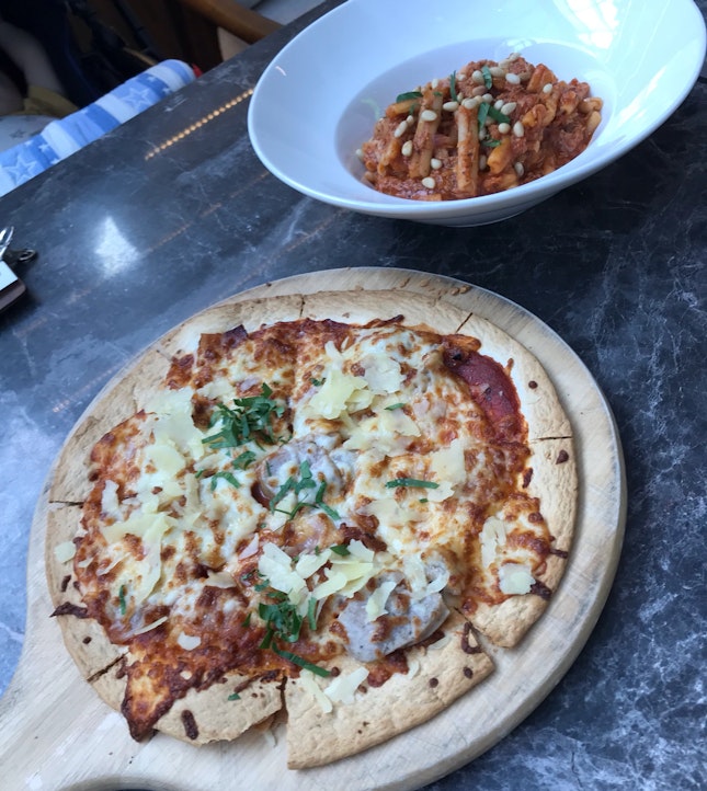 Chilli Crab Pasta And 3 Meat Pizza