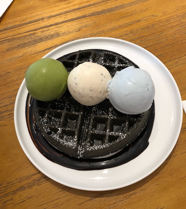 Charcoal Waffles + 3 Scoops Ice Cream ($6 + $10)