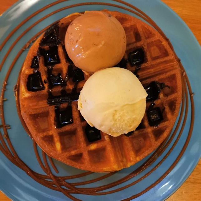 Brown Butter Waffles with Shoyu Caramel & Guanaja Dark Chocolate Ice Cream