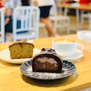 Black Forest Roll Cake, Earl Grey Banana Cake & Hot Cappuccino.