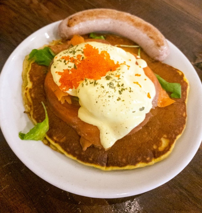 Pumpkin Pancake With Smoked Salmon, Poached Eggs, Hollandise Sauce & Tobiko Roe + Bratwurst