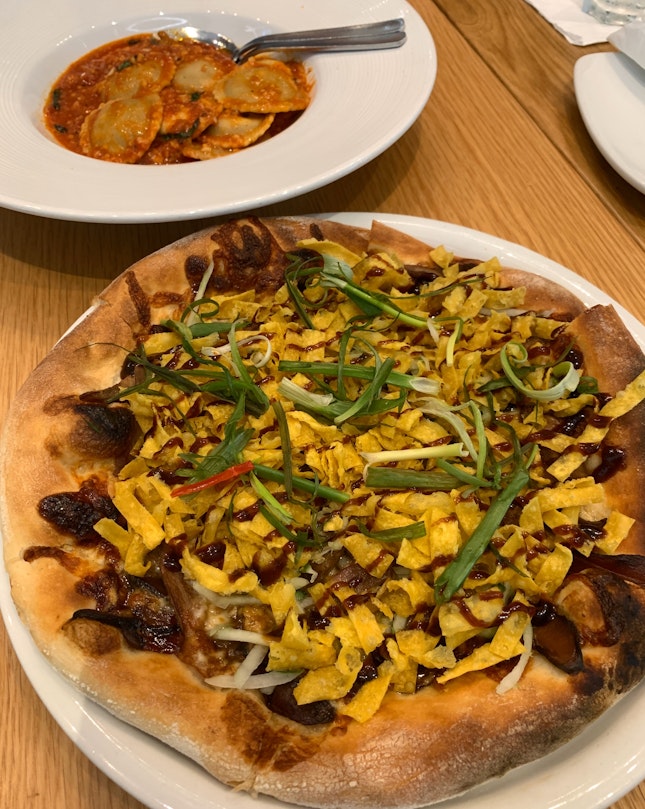 Duck pizza and Portbello Mushroom Ravioli