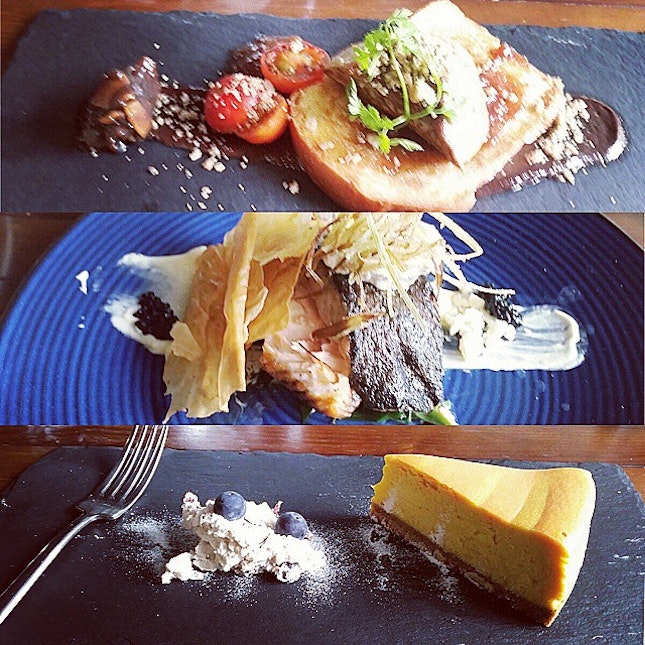So I landed us a free 3 course meal at Seasons Bistro via Burpple a while back, and we finally got to redeem it today :) what I had: pan-seared foie gras with bacon jam, caramelized bananas, granola crumbs and chocolate ganache, deconstructed salmon spanakopita, and maple pumpkin cheesecake.