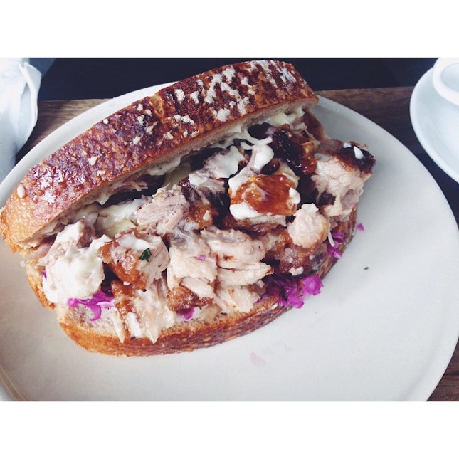 Here's the roasted pork sandwich with a generous serving of the juicy meat and the best sourdough we've ever eaten!