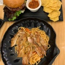 1F1 chicken pasta and cheese burger