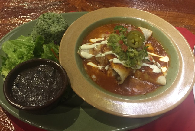 Beef Enchiladas With Mexican Rice and Refried Beans ($19)