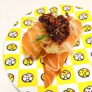 Interesting use of Sambal shrimp/garlic paste on salmon sushi.