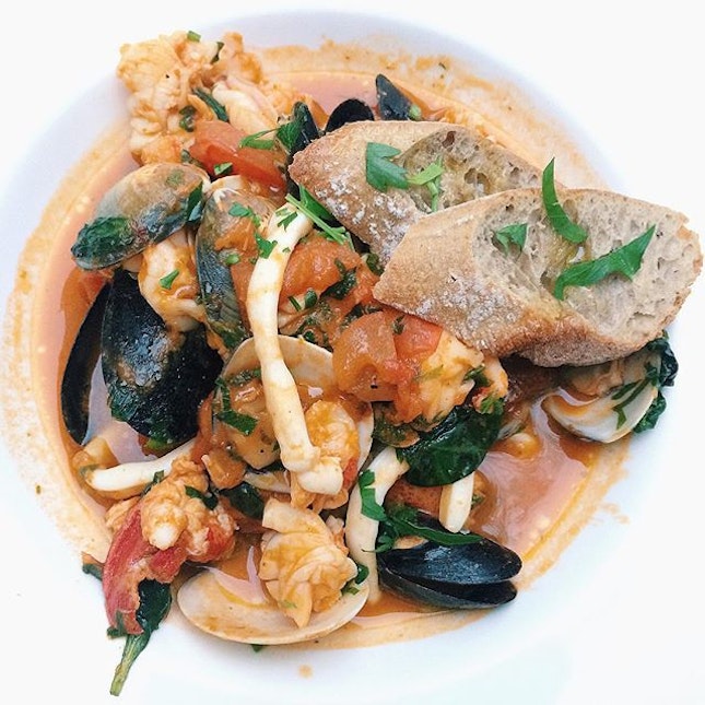Cacciucco from In ITALY – seafood casserole with lobster, garoupa, prawns, squid, imported mussels, clams, tomatoes and chilli.