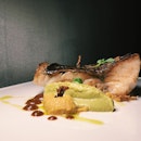 Seabass with lobster bisque, curry cauliflower puree, dehydrated cauliflower and horse radish pea puree from Dibs.