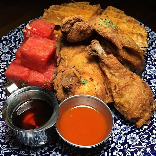 Chicken N' Watermelon N' Waffles (honey hot sauce, chilled spiced watermelon, Vermont sharp cheddar cheese waffle, bourbon maple syrup) from The Bird Southern Table & Bar, a newly-opened comfort/fried chicken concept at Marina Bay Sands.