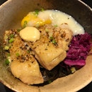 Kabuki -garlic soy chicken thigh, Dijon mustard, onsen egg, sautéed mushrooms, cabbage slaw [$16]