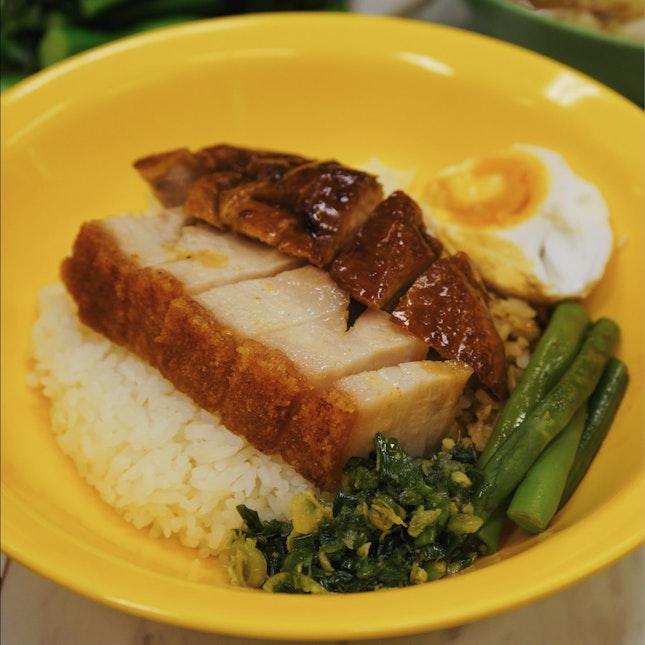 Rice With BBQ Twin Combo, Salted Egg, Ginger & Spring Onion Sauce ($9.80)