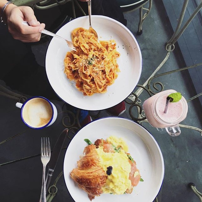 Fettucine with Crabmeat, Pink Sauce & Brandy, Croissant with Smoked Salmon & Scrambled Eggs