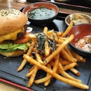Zaku's signature burger with onsen egg; one of the set lunch options.