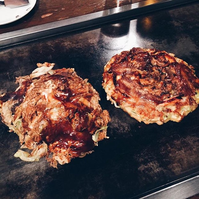 Okonomiyaki 
Cooked and served on the same platter
Oishi!
