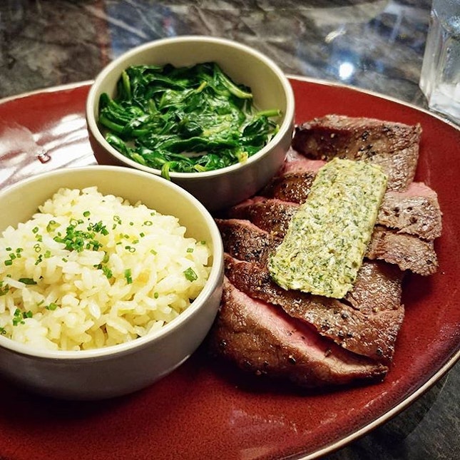 Flat Iron Steak (250g, $18), includes 2 side dishes @mediumraresg .