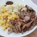 Grilled garlic pork collar, potato egg salad, mac and cheese; The mains are flavourful but the sides are so-so.