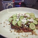 ; raw

Sichuan spicy beef tartare with puffed rice, sliced cucumber and horseradish crumb.