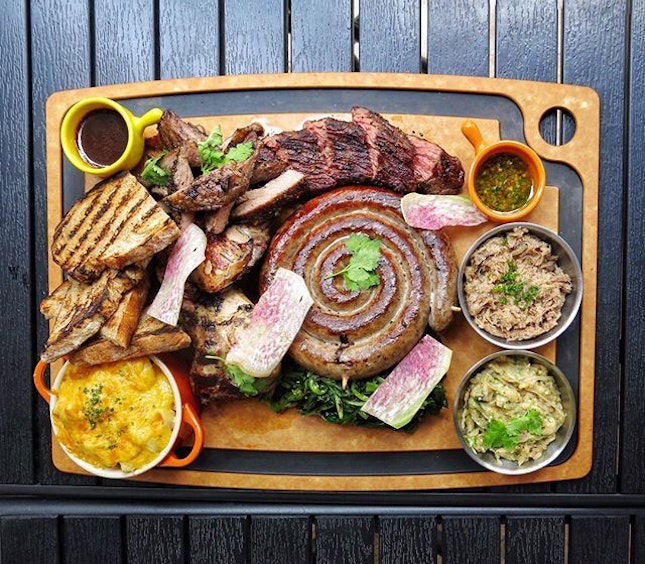 ; Grilled Meats Galore

A whooping 500g Spiral Pork Sausage | Half a Spring Sakura Chicken 🤤 | 200g Bavette | 150g Secreto | Mini Cassoulet of Pulled Pork Mac & Cheese | Duck Rillette | Babaganoush | Seasonal Vegetables | Charred Sourdough 
Loading up on protein?