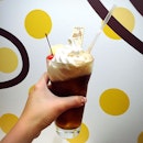 My coke-float, which has half of Gutadama's butt sticking out (which is actually a marshmallow) and a biscuit waffle with Gutadama prints on it.
