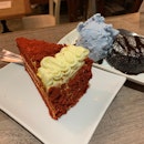 Red Velvet Cake, Valrhona Molten Lava Cake with Blue Pea Sea Salt Ice Cream