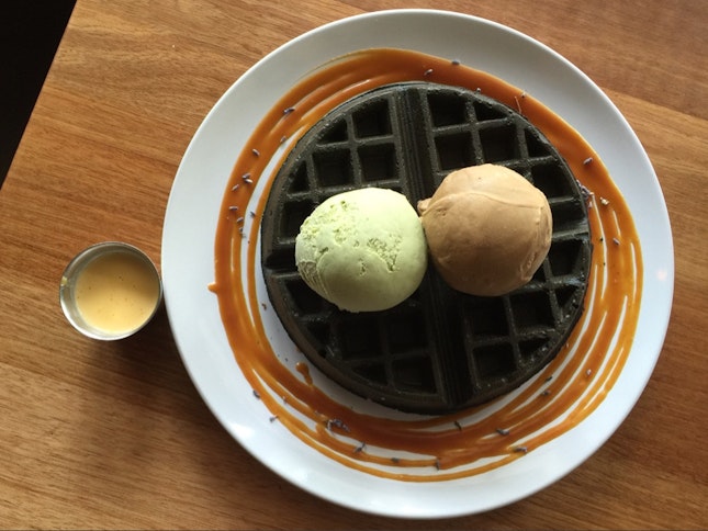 Charcoal Waffles With Thai Green Tea & Espresso Ice Cream, With Salted Egg Yolk Sauce