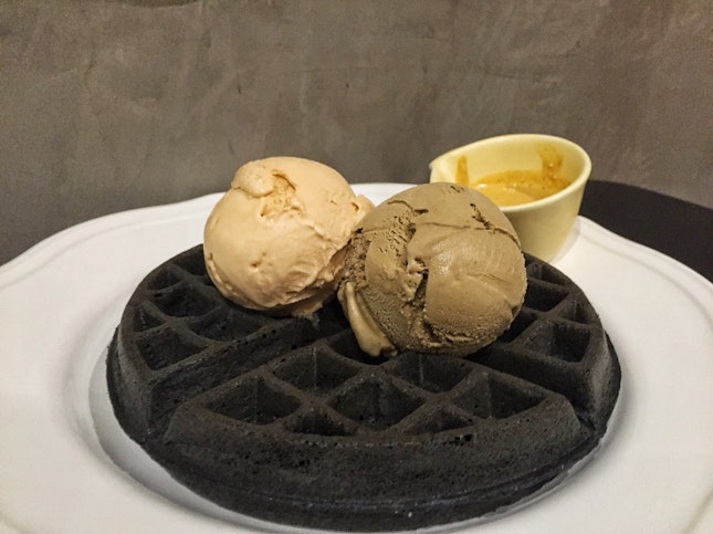 Charcoal Waffle With Earl Grey & Thai Red Tea Ice Creams, Salted Egg Yolk Sauce