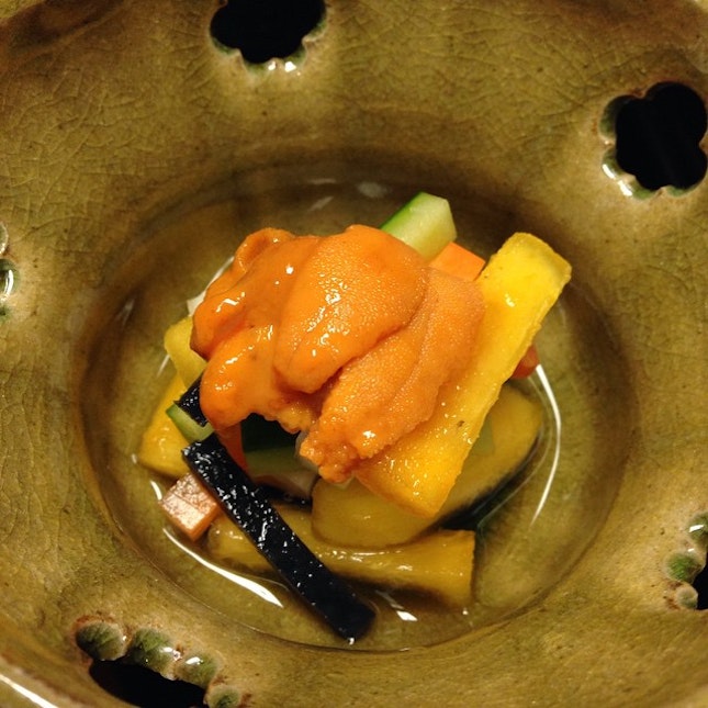 Sea urchin with pickles and persimmon #burpple #kyoto