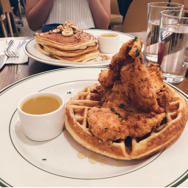 Buttermilk Fried Chicken & Waffles and Banana Walnut Pancakes with Warm Maple Butter