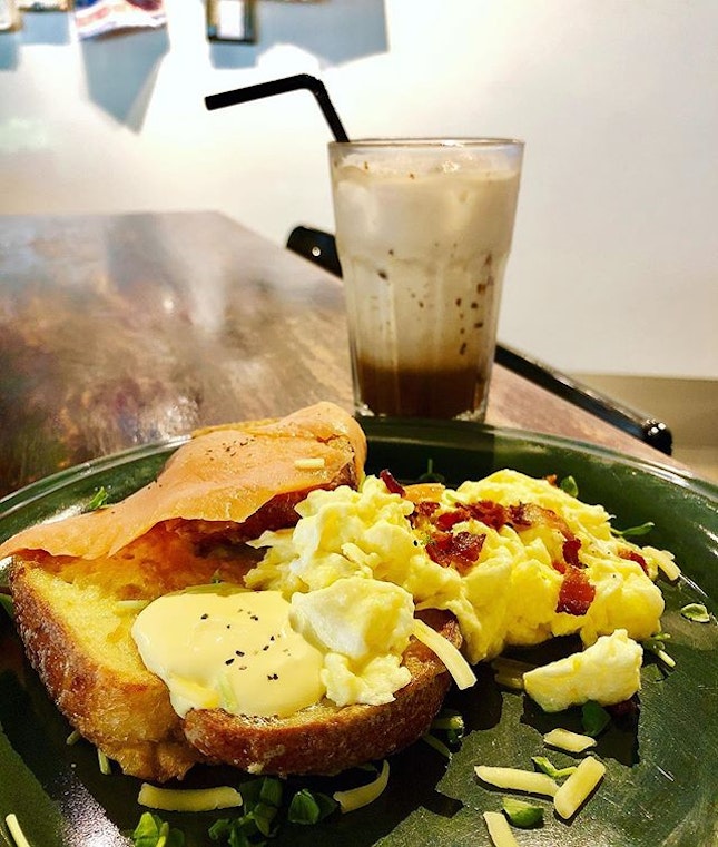 Eggs and salmon on French Toast with iced mocha!