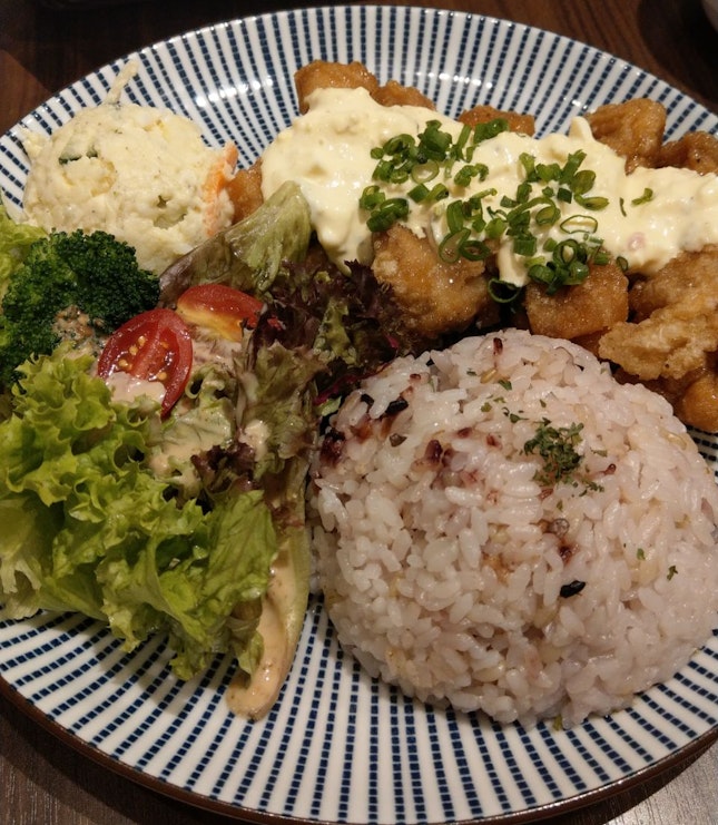 Chicken nanban lunch set. Not pictured is my iced hoji latte with mochi and soft serve.