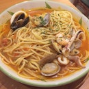 Seafood Soup Pasta ($7.90) 🍝Tomato Sauce with Squid, Shrimp, Mussel & Clam 🍝 🦑A very yummy pasta & we love the soup 🦑  #burpple
