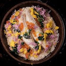 Grilled Japanese Barracuda and Chrysanthemum Flower  Donabe Rice ($38++).