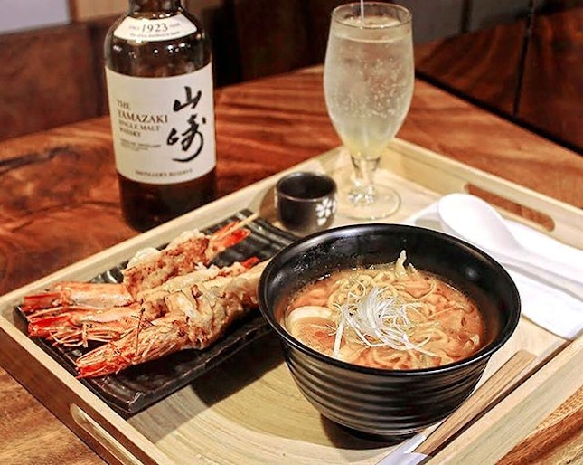 Unlike the usual pork or chicken broth served in most ramen restaurants in Singapore, their Whisky Ramen features a rich amaebi-infused stock with a shot of Yamazaki (a premium Japanese malt whiskey) fat-washed with ebi oil.