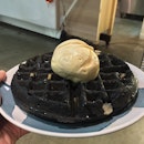 Charcoal Mochi Waffles with Miso Butterscotch Gelato ($14)