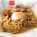 In the mood for some drool worthy seared smoked duck with creamy pasta, topped with runny sous vide egg.