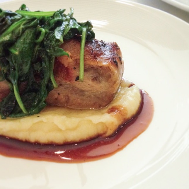 Course 2: Roasted pork belly on a bed of spinach and mashed potato