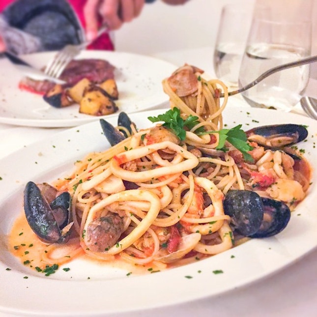 If you love seafood, the Spaghetti alla Marinara is a must try.