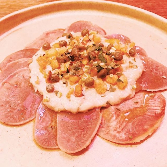 Ox tongue tonnato, garlic croutons and capers.