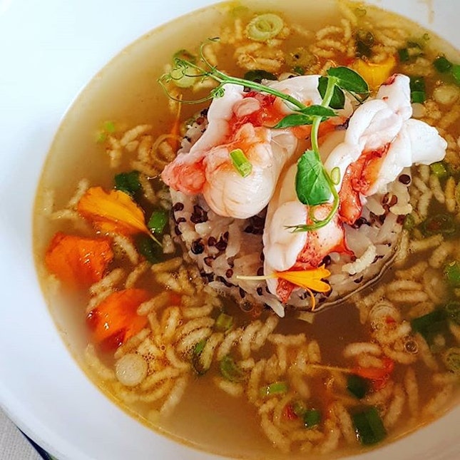 Poached rice with lobster, quinoa and intensely flavored lobster broth!