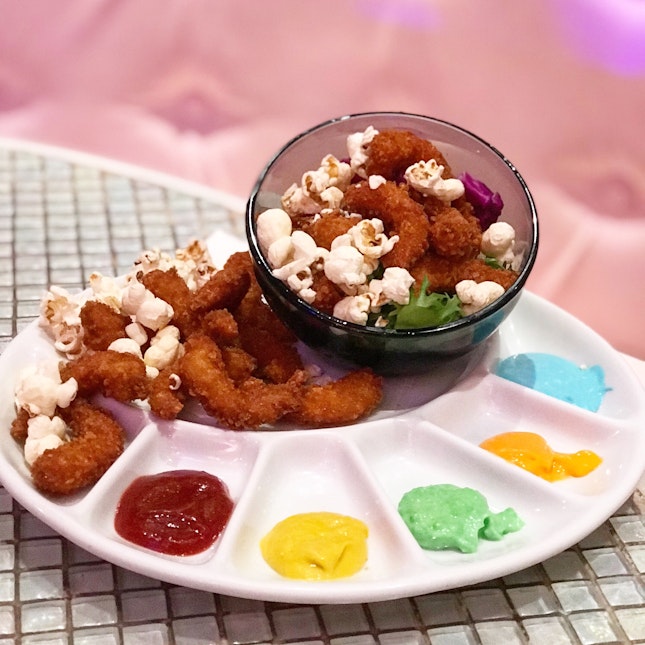 Deafening J-pop, Cosplaying Waitresses, Neon Lights, Milk Bottles Hanging From The Ceiling...what’s Not To Love About This Place?!? Popcorn Shrimp W/ Monster Dip (¥900 + ¥500 Cover Charge)