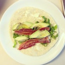 Wrap w/ avocado, lettuces and bacon on cream cheese #brunch
