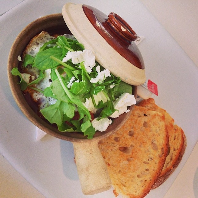 Breakfast Hotpot, A cassoulet of beans, chorizo, field mushroom and tomato with fried egg, rocket and toast #burpple