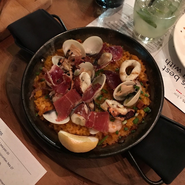 Paella with Clams, Prawns, Squid, Chorizo, Jamón Ibérico ($28)