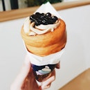 Bringing my #brownsugar #boba #bubbletea obsession to another level with a brown sugar soft serve with #pearls topping in a #donut rolled as a cone ($4.80) at TripleOne Somerset.