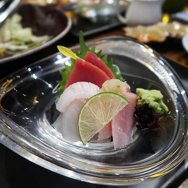 Assorted sashimi (from $38++), served with different dips of soy, ponzu and a surprising spicy sauce.