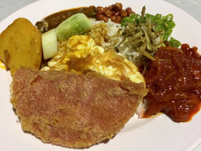 Non Halal Nasi Lemak with deep fried luncheon meat